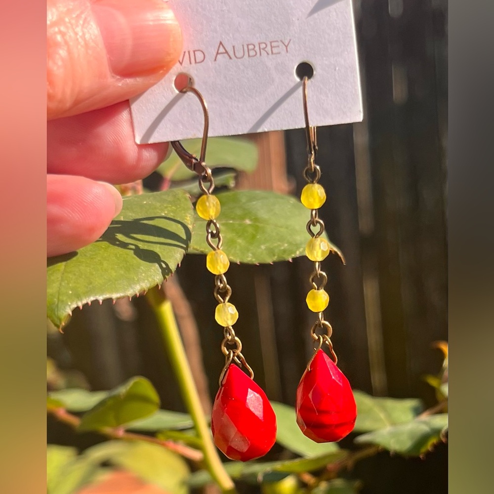 Vintage Opera long bright red and green David Aubrey natural stone earring